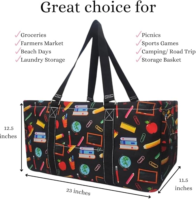NGIL Extra Large Utility Tote Reusable Grocery Bag Oversized Collapsible for Groceries, Storage, Picnic, Beach (Teacher Appreciation-Black)