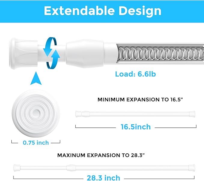 2PCS Small Tension Curtain Rod 16 to 28 Inch,White Short Curtain Rods No Drilling,Loaded Expandable Spring Curtain Rods for K