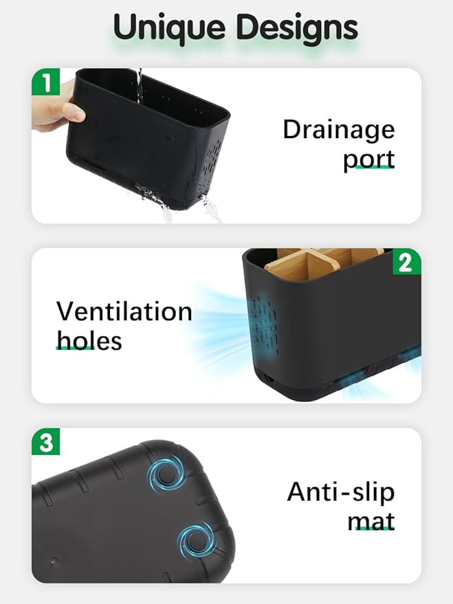 GFWARE Black Toothbrush Holder, Bamboo Toothbrush and Toothpaste Holder with Drainage, Electric Kids Matte Black Toothbrush H