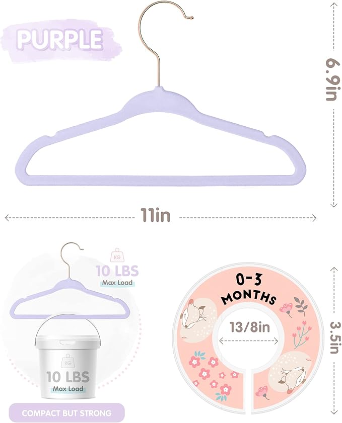VIS'V Baby Hangers, 11 Inch Velvet Kids Hangers with 6 Pcs Clothes Size Dividers, Infant Toddler Nursery Closet Organization,