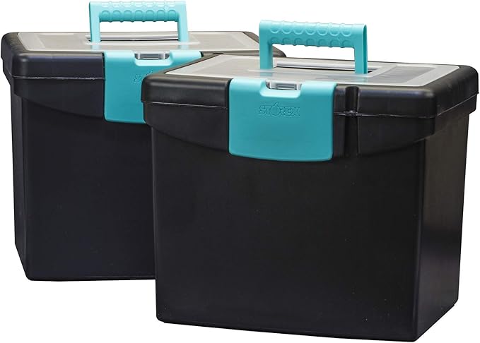 Storex Portable File Box, with Lockable XL Supply Storage Lid and Carry Handle, Black/Teal, 10.9 x 11 x 13.25 Inches, 2-Pack 