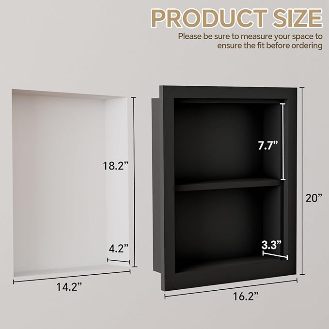 Solid Wood 14 X 18 Recessed Medicine Cabinet,2-Tier, Medicine Cabinet Organizer,Wall Niche, Bathroom Wall Cabinet Black