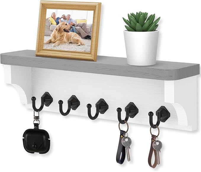 Nekon Key Holder for Wall, 11.8" W x 3.5" H x 2.8" D Decorative Key Organizer with Floating Shelf, Wall Mount Key Rack with 5