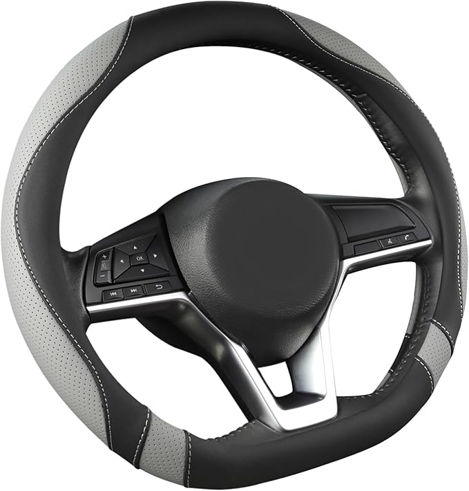 West Llama Flat Bottom Car Steering Wheel Cover for Nissan,D Shaped Steering Wheel Cover for Rogue,Altima,Kicks (Black+Gray-S