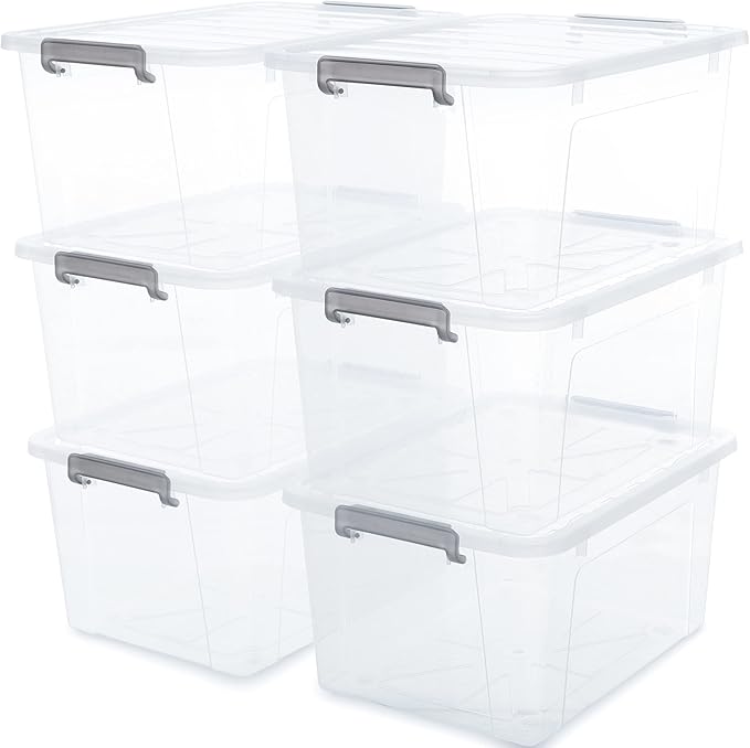 Citylife 6 Packs 44.4 QT Plastic Storage Bins with Lids Large Stackable Storage Containers for Organizing Clear Storage Box f