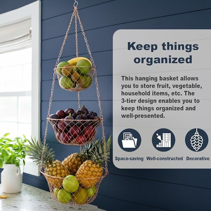 Hanging Fruit Basket – 3 Tier Hanging Baskets for Kitchen – Heavy Duty Wire Fruit and Vegetable Basket with Hooks, Copper Fin