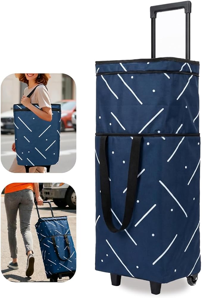 Foldable Rolling Bag, Portable Small Shopping Cart with Wheels, Collapsible Shopping Tote with Stylish Pattern for Market & Grocery Runs–Gift for Women & Seniors, Pro L, Blue
