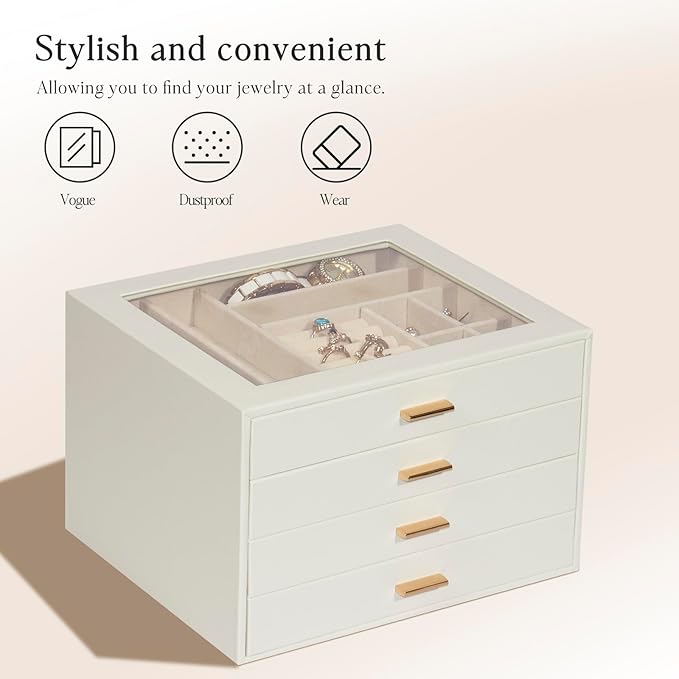 Jewelry Box with Glass Lid, 4-Layer Jewelry Organizer for Women Girls, PU Leather Display Case with 20-Grid Earring Tray & Mo
