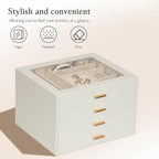Jewelry Box with Glass Lid, 4-Layer Jewelry Organizer for Women Girls, PU Leather Display Case with 20-Grid Earring Tray & Mo