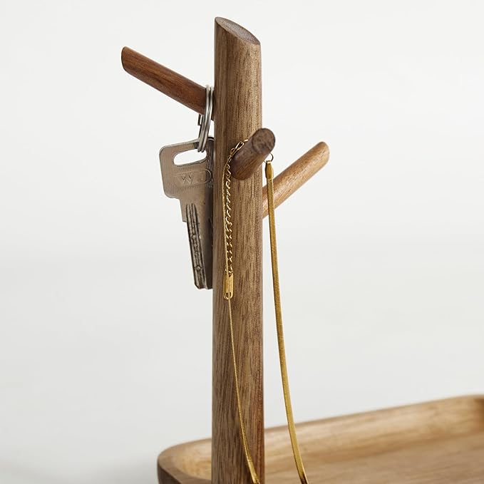 Solid Acacia Wood Key Tray and Bowl for Entryway Table - Jewelry Tray With 3 Hooks, Open Storage for Wallet, Glasses, Watches