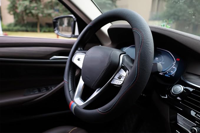 Car Steering Wheel Cover for BMW X3 X5 X7 3 5 Series 328i 528i 535i 530i 540i 320i 330i 325i X1 X2 X4 X6 1 2 4 6 7 8 Series e90 e60 f30 Accessories, 2026 Leather Black (Red Blue)