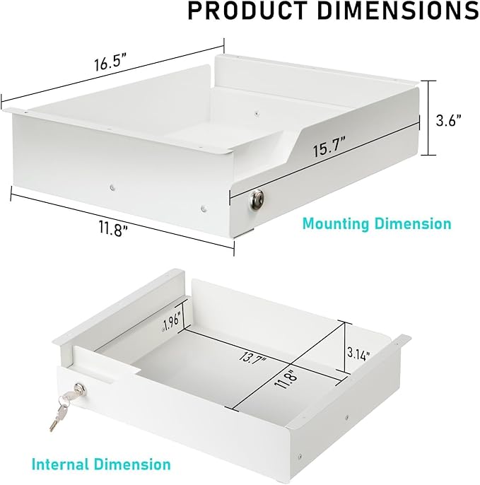 Under Desk Drawer Storage with Lock, 16"x11.8"x3.6", Metal Undermount Table Drawer, Ball Bearing Slides Out Tray Organizer fo