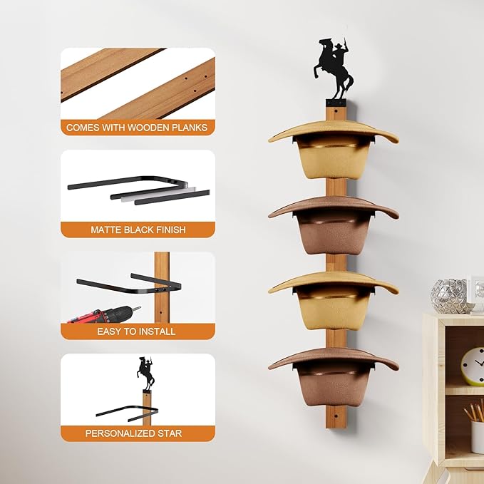 Cowboy Hat Rack, 4 Pieces Hat Rack for Cowboy with Wooden Board, Gift Cowboy Hat Holder Wall Storage-Organizer Western Hats w