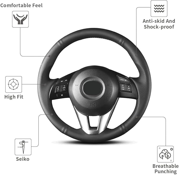 Hand Sewn Microfiber Leather Steering Wheel Cover on Wrap,Fit for Mazda 3 2014-2016 Mazda 6 2014-2016 Mazda 2 2015-2017 CX-3 2016-2017 CX-5 2013-2016 for Scion iA 2017