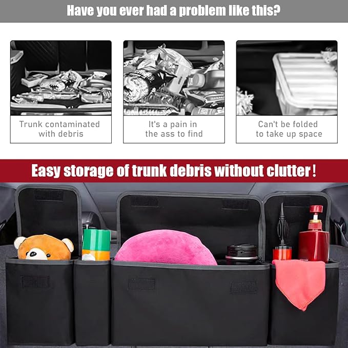 Car Trunk Organizer, Oxford Backseat Storage Bag with 4 Pockets, Waterproof Adjustable Large Capacity Hanging