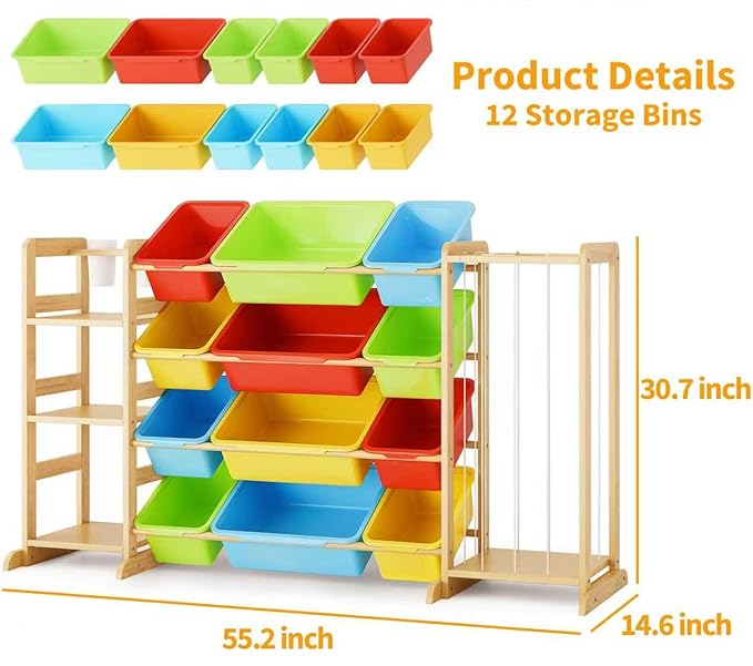 mirolam Storage Organizer with Bookshelf and Stuffed Animal Storage - Playroom Organization with Shelves and 12 Bins - Living