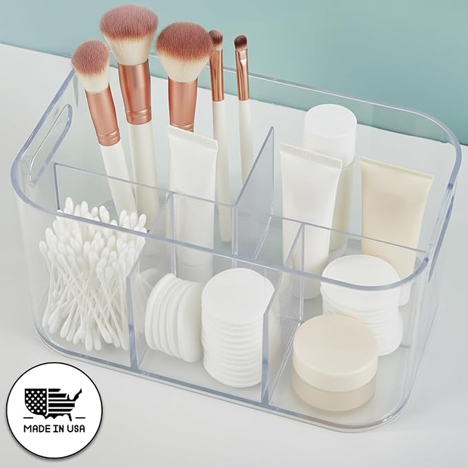 STORi Bliss 5-Compartment Plastic Cosmetics Storage Organizer | Clear | Rectangular Divided Makeup Bin & Vanity Caddy with Pa
