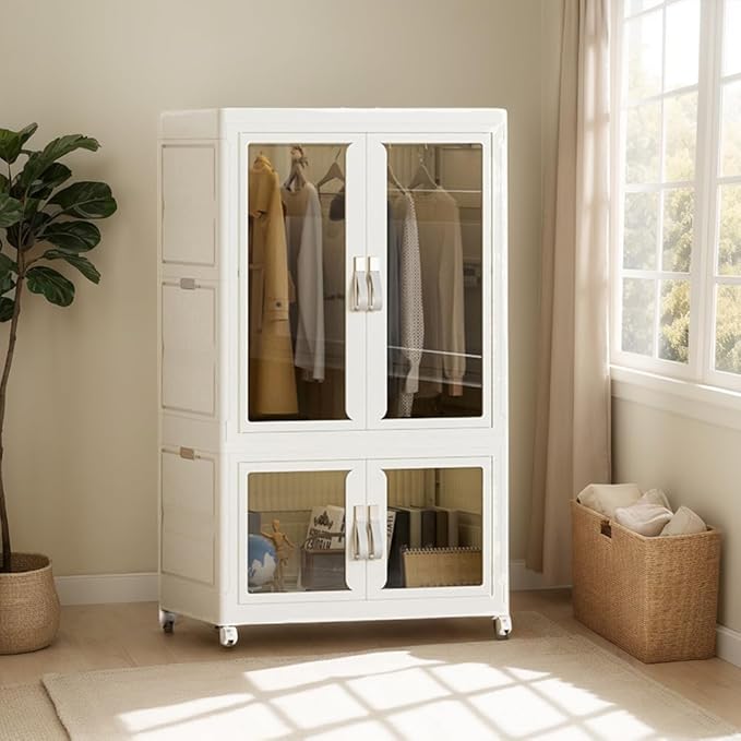 Stackable Storage Bins with Lids, Portable Closet Storage Organizer with Door, Hanging Rod & Wheels, Foldable Wardrobe Closet