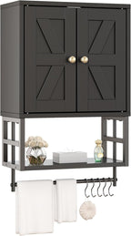Farmhouse Medicine Cabinet - 3-Tier Wall Mounted Storage Organizer with Adjustable Shelves, Towel Bar, 5 Hooks for Small Bath