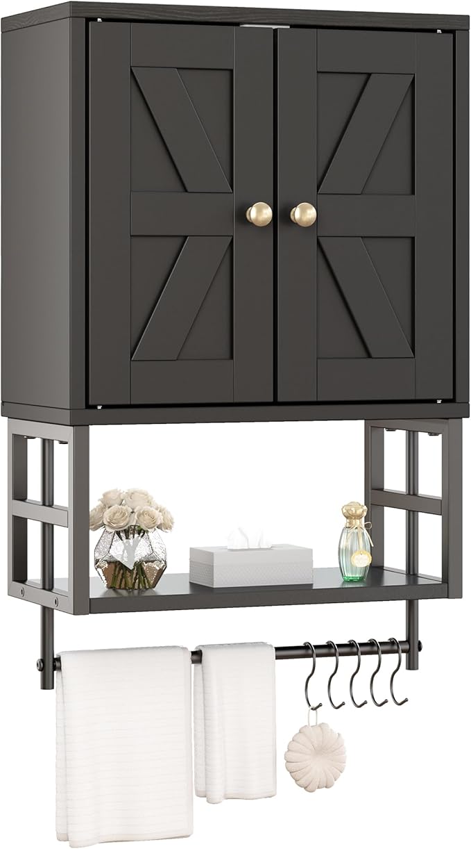 Farmhouse Medicine Cabinet - 3-Tier Wall Mounted Storage Organizer with Adjustable Shelves, Towel Bar, 5 Hooks for Small Bath