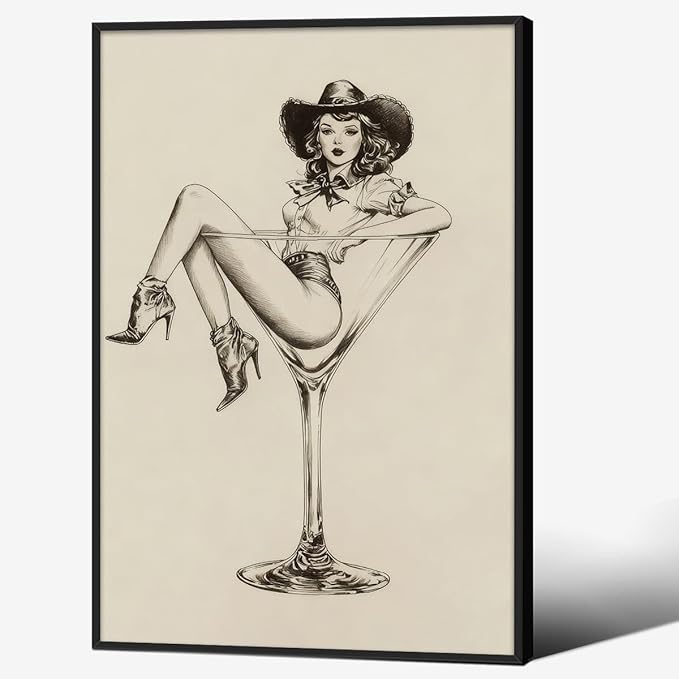Vintage Western Black Framed Wall Art Coquette Cowgirl Martini Posters Prints 24x36 in Retro Bar Cart Cocktail Artwork Aesthe