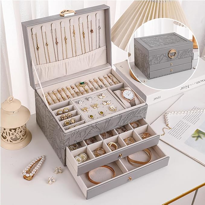 TOFUNTOY Jewelry Organizer Box, Large Jewelry Boxes for Women, 3-Layer Jewelry Holder Organizer for Necklace Earrings Rings B