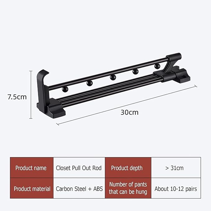 Wardrobe Clothes Hanger Rail - Heavy Duty Retractable Closet Pull Out Rod, 25-45Cm Pull-Out Clothes Rail, Extendable Wardrobe
