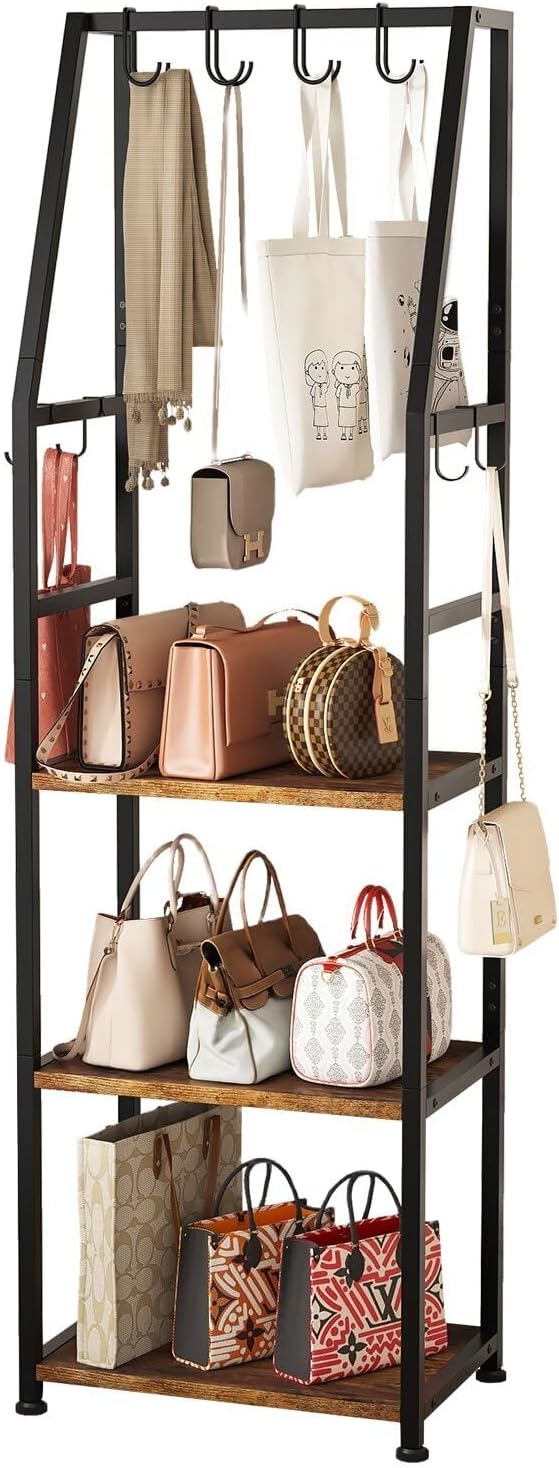 3-Tier Purse Stand Handbag Organizer, Hall Tree for Entryway Steel Frame, with 8 Removable Hooks，Clothes Rack Stand Organizer