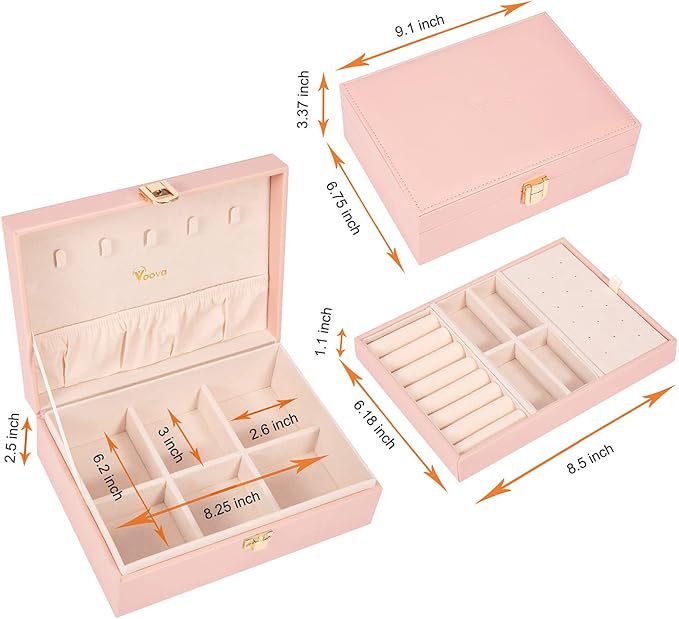 Voova Jewelry Box Organizer for Women Girls, 2 Layer Large Men Jewelry Storage Case, PU Leather Display Jewellery Holder with