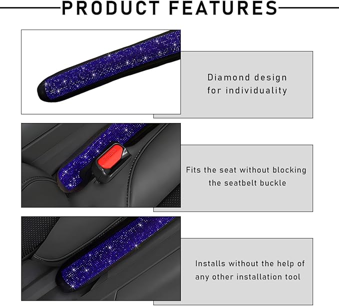 2PCS Bling Car Seat Gap Filler, Sparkling Rhinestone Side Seat Gap Blocker Stop Things from Dropping, Soft Foam Car Truck Filler Blocker Fill The Gaps Between Seats and Console (Blue)