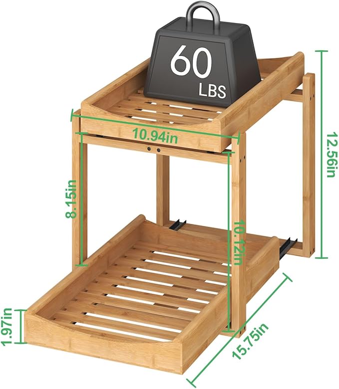 Bamboo Under Sink Organizer and Storage, 2 Pack Pull Out Cabinet Organization, 2 Tier Vertical Slide Out Undersink Storage Sh