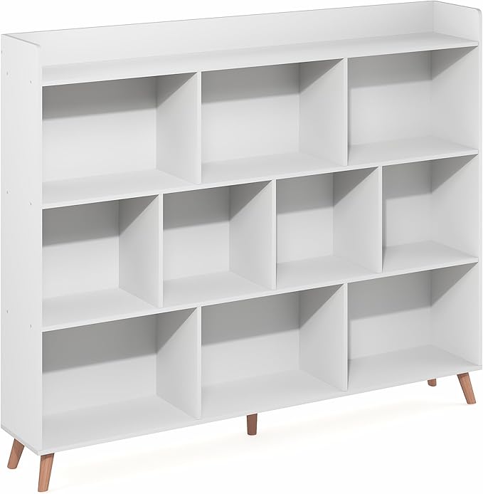 Furinno Claude Book Shelf, 10-Cube Mid Century Style Bookshelf, Bookcase, Storage Organizer with Wood Legs, 9.4" x 55.1" x 45