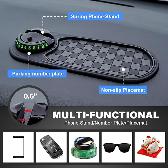 Multifunction Car Anti Slip Mat, Mobile Phone Bracket Anti-Slip Mat, Car Dashboard Mat with Temporary Parking Number, Large U