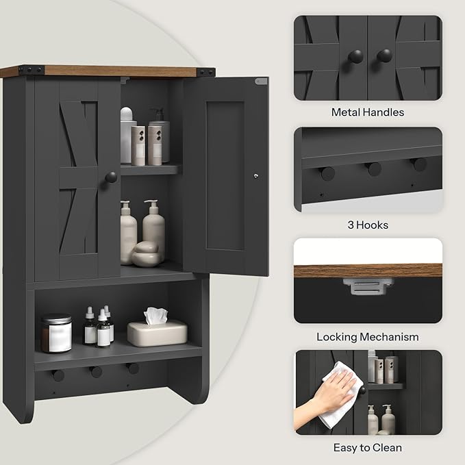 MAHANCRIS Bathroom Wall Cabinet, Farmhouse Medicine Cabinet with Adjustable Shelf, 3-Tier Wall-Mounted Storage Cabinet with 3