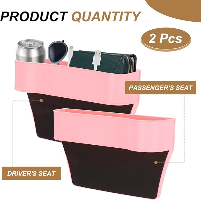 HARFINGTON 2pcs Car Seat Gap Filler Organizer 10.2 x 6.5 x 2.8 Inch PP Universal Car Organizer Storage Box Between Seat and Console (Left+Right) with Cup Holders for Phone Keys, Pink