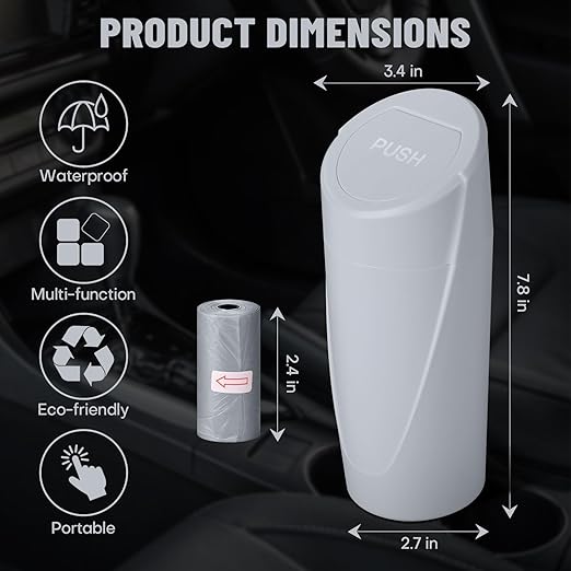 Car Trash Can Bin with Lid - Car Garbage Can Cup Holder - Grey Mini Leakproof Vehicle Garbage Bin with 40pcs Trash Bags-Automotive Organizers and Storage for Front Back Seat Accessories