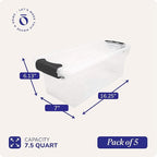 HOMZ 5-Pack Latching Lid, Clear Plastic Storage Organizer Bins, 7.5 Quart, Gray Latch - Stackable Organizing Containers for H