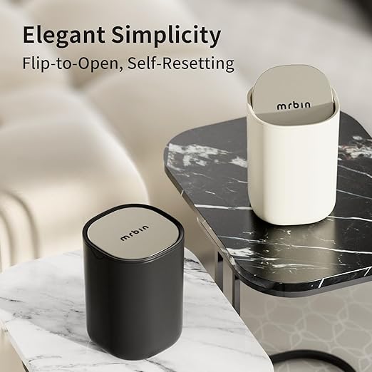 MRBIN Desk Mini Car Trash Can, 0.4 Gallon Table Top Plastic Waste Basket with Stainless Steel Lid, Small Garbage Bin for Bedroom, Coffee Bar, Vanity Countertop, Black