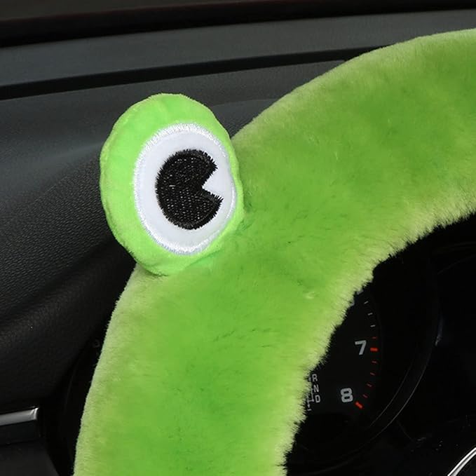 U&M 3 Pcs Set Fluffy Genuine Sheepskin Car Steering Wheel Cover with Handbrake Cover & Gear Shift Cover Fuzzy Wool Fur Soft Warm Winter (Green Frog, Shearling Wool)