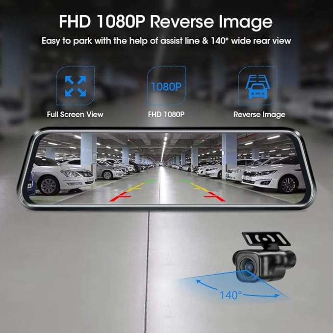 10'' Mirror Dash Cam Night Vision 1080P FHD Full Touch Screen Front and Rear View Backup Camera for Cars Loop Recording Strea