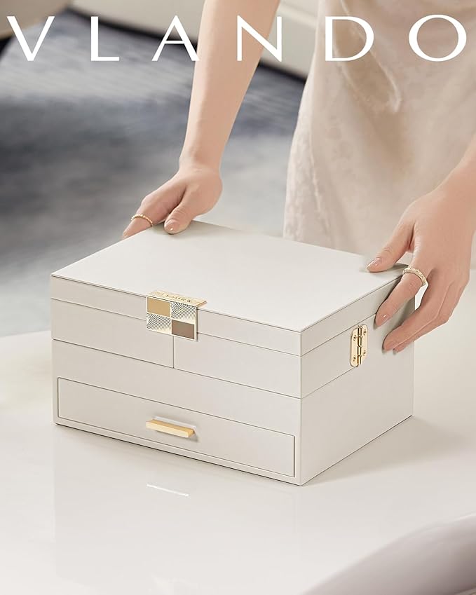 VLANDO 3 Layer Jewelry Box - Women Jewelry Box with Retractable Tray - Jewelry Organizers with Drawer for Necklaces, Rings, B