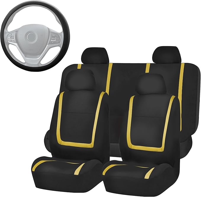 FH Group Unique Flat Cloth Full Set Car Seat Covers w. Silicone Steering Wheel Cover- Universal Fit for Most Cars, Trucks, SUVs or Vans (Yellow/Black)