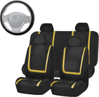 FH Group Unique Flat Cloth Full Set Car Seat Covers w. Silicone Steering Wheel Cover- Universal Fit for Most Cars, Trucks, SUVs or Vans (Yellow/Black)