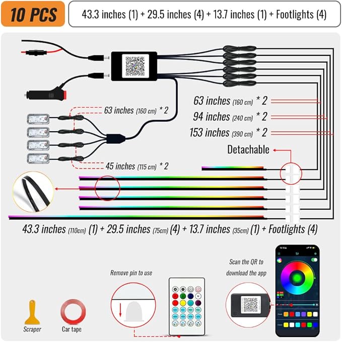 Ambient Lighting Car Led Lights Interior Kit,10 in 1 RGB Music Sync Acrylic Led Lights for Car Interior,175 inches Fiber Optic Neon Accent Strip Night Ambiance Footwell Lighting with Wireless APP