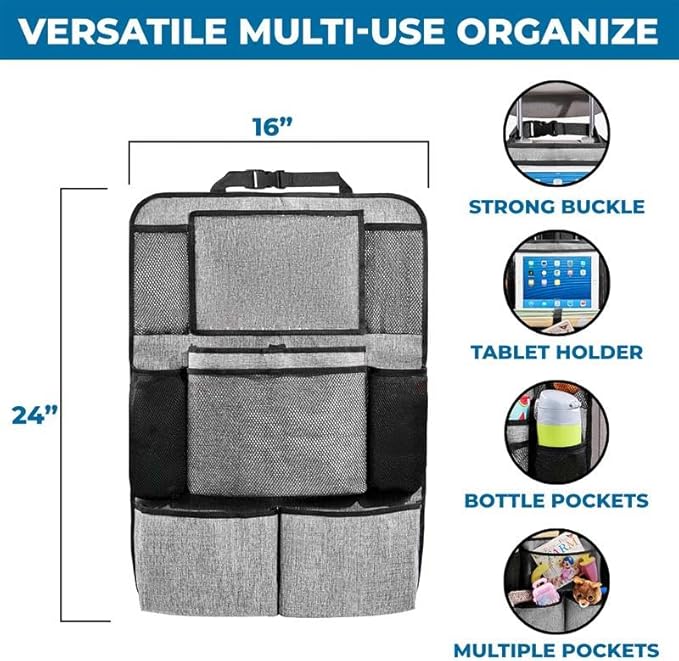 Econour Car Back Seat Organizer (2-Pack) | 600D Oxford Fabric with 9 Storage Pockets & Touch Screen Tablet Holder | Waterproof & Universal Fit Kick Mats | Durable & Eco-Friendly Seat Protectors (Grey)