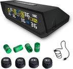 Tire Pressure Monitoring System TPMS, Solar Charge Tire Pressure Monitor with 4 External Sensors & 6 Alarm Modes, 0-99 PSI, Real-time Wireless TPMS for Car Sedan SUV Pickup - with 4 Tire Valve Caps