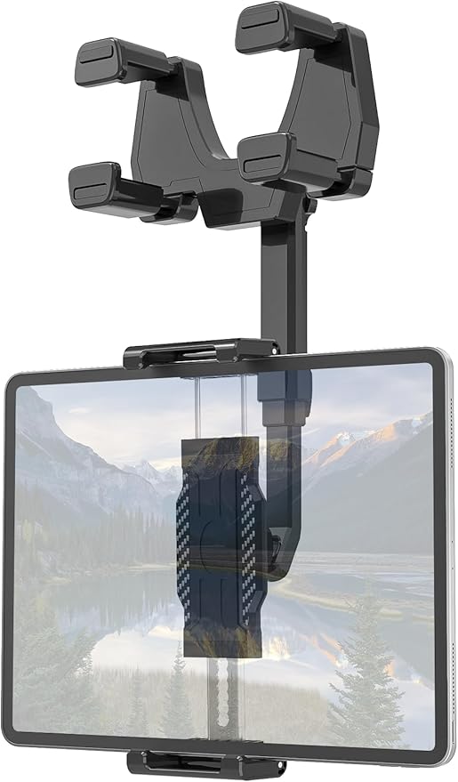 Rearview Mirror Tablet Holder for Car, [Rear View Mirror 4 Claws Design] 360° Rotatable and Retractable, Fit Thick Cases [Deep Max 1.18"] for iPad Pro Air Mini, Galaxy Tab, iPhone, 6-15.6" Devices