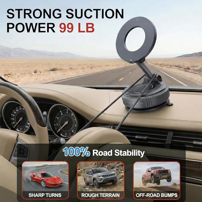 360 Adjustable Vacuum Magnetic Phone Holder for Car Dashboard – Suction Cup Magnetic Car Phone Mount for iPhone 17 Pro Max, Universal Hands Free Magnetic Cell Phone Holder