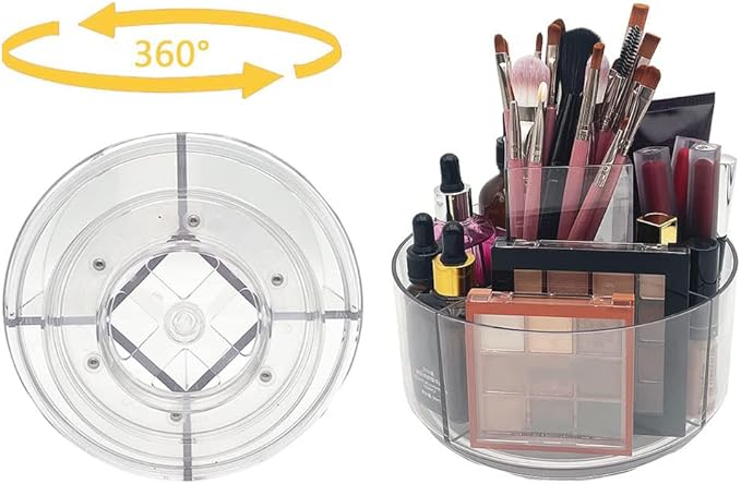 LINFIDITE 360 Rotating Makeup Organizer Clear Cosmetic Storage Holder Tray with 6 Compartment Makeup Brush Lip Gloss Organize