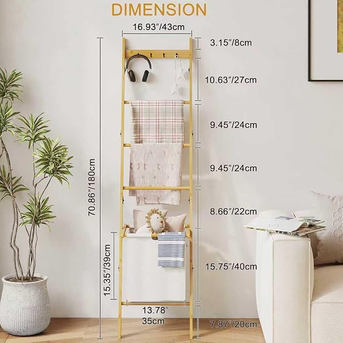 BAMBANG Bamboo Blanket Ladder with Basket, 5-Tier Quilt Rack Stand with 4 Hooks & Storage Hamper for Living Room Bathroom, Wa